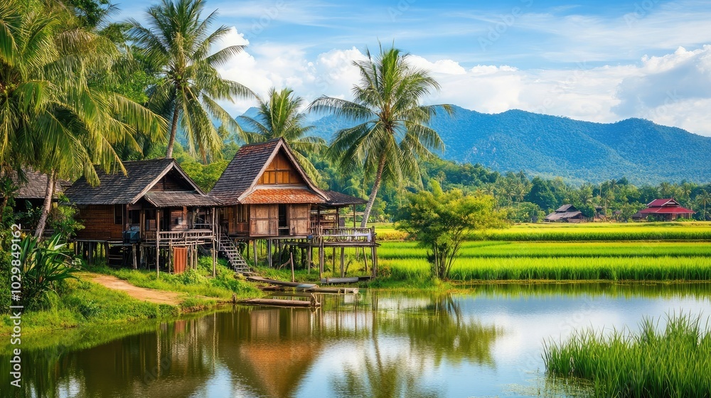 Scenic Rural Landscape with Traditional Wooden Houses Scenic Rural Landscape with Traditional Wooden Houses
