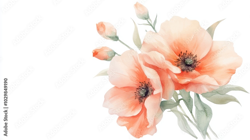 A painting of two pink flowers with green leaves. The flowers are in the center of the painting and the leaves are on the right side. The painting has a soft and delicate feel to it A painting of two pink flowers with green leaves. The flowers are in the center of the painting and the leaves are on the right side. The painting has a soft and delicate feel to it