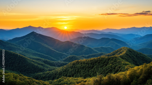 Mountain Range at Sunset, Golden Sun Rays Over Peaks, Scenic Wilderness View