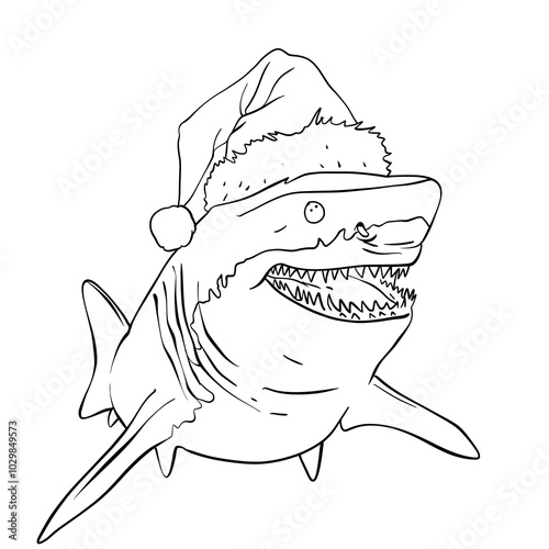 Vector Lineart of Shark Wearing Santa Hat