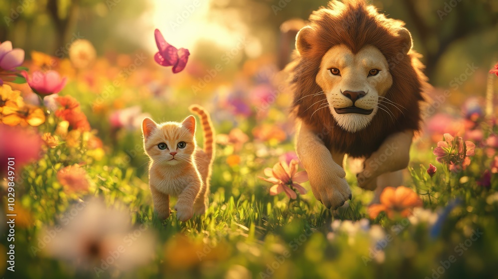 Cat and lion running together in vibrant flower garden, sunny spring meadow. Cat and lion running together in vibrant flower garden, sunny spring meadow.