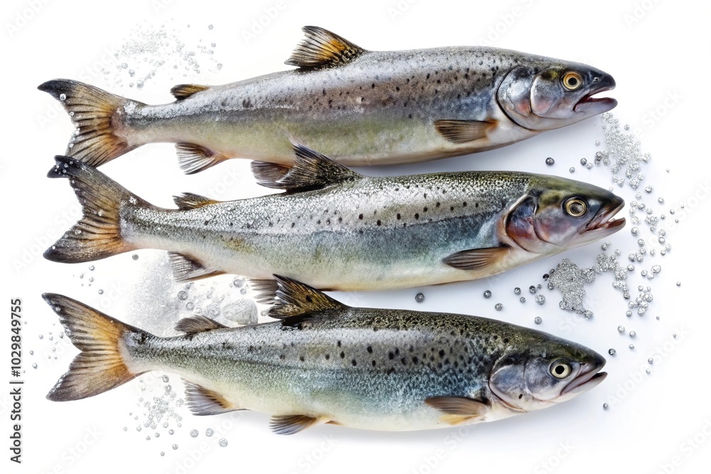 Sea trouts with water droplets in the air isolated on white background aerial view Sea trouts with water droplets in the air isolated on white background aerial view