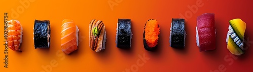 Abstract sushi shapes, geometric forms, bright neon colors, modern art style, minimalism, photo