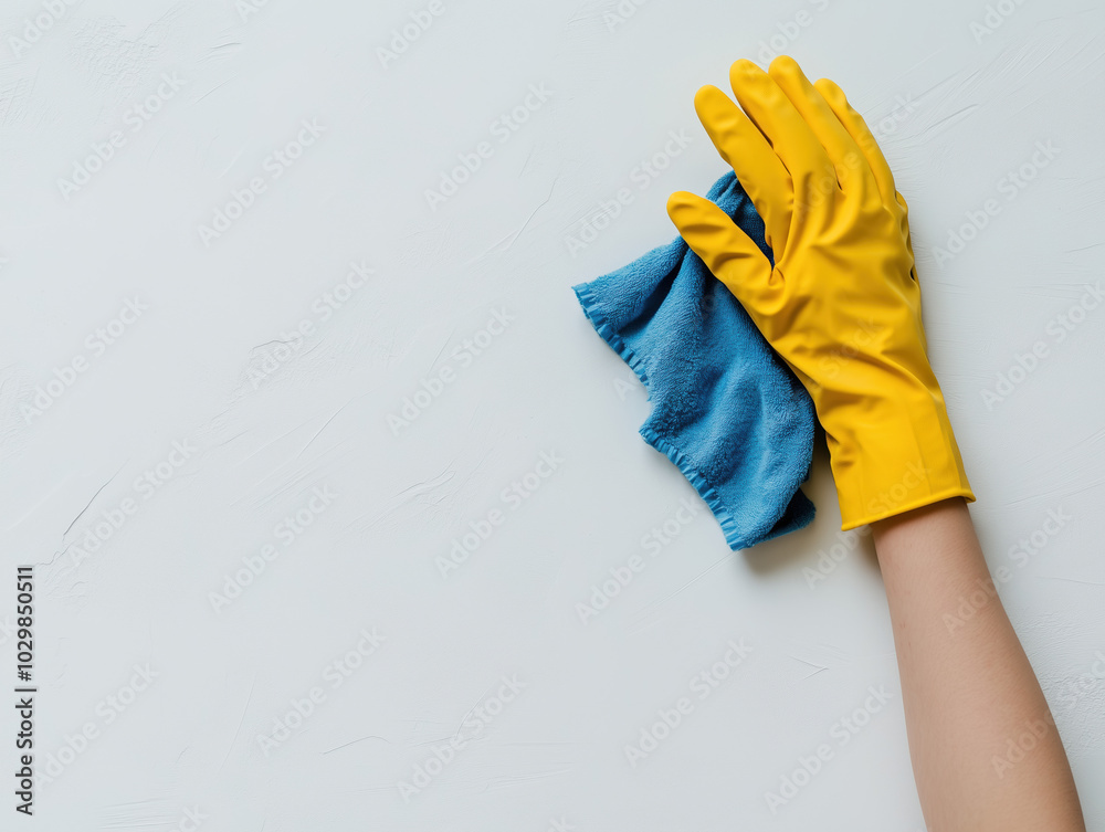 Photo of a Person's Hand with Yellow Gloves Holding a Blue Rag on a Light White Background, Perfect for Cleaning Concept Advertisements