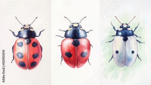 Three different colored ladybugs are shown in a row. The first ladybug is red and black, the second is white and black, and the third is red and white photo