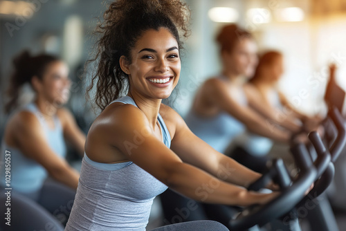 Woman Smiling During Cardio Workout on Stationary Bike in Gym