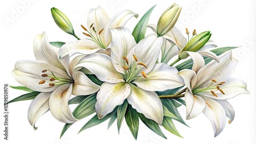 Fototapeta Naklejka Na Ścianę i Meble -  watercolor clipart of white lilies bouquet with tilted angle