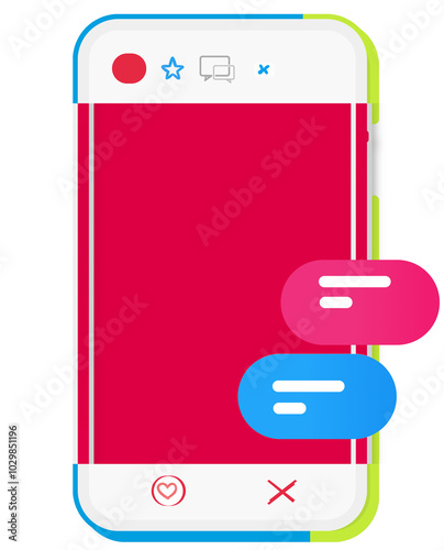 a chat on messenger, a chat history with speech bubbles, template blank, rounded corers, screen display of a smartphone, mobile phone and app as messenger app, read and receive and send messages onlin photo