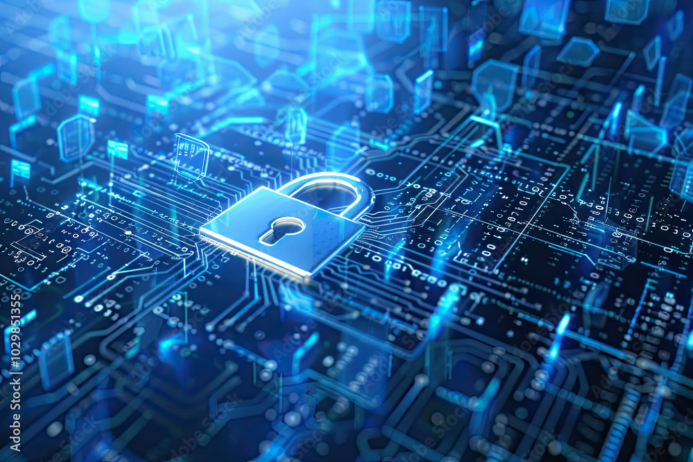 Digital padlock icon, cyber security network and data protection technology 