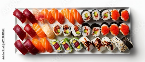 sushi party tray, multiple varieties, vector illustration, fun and colorful, isolated on white background photo