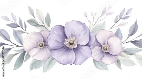 A purple flower with green leaves is in the center of a white background. The flower is surrounded by other purple flowers and green leaves