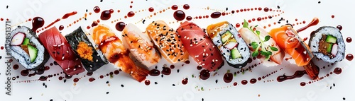 sushi plate with garnish, top-down view, watercolor painting, soft tones, isolated on white background photo