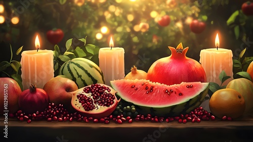 a table full of fruits and candles