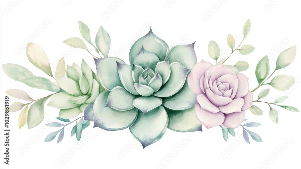Fototapeta premium A watercolor painting of a flower arrangement with a green and pink rose and a green succulent