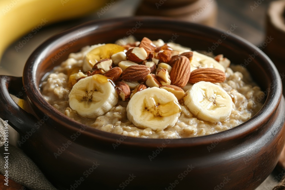 A bowl of creamy oatmeal topped with sliced bananas, nuts, and honey A bowl of creamy oatmeal topped with sliced bananas, nuts, and honey