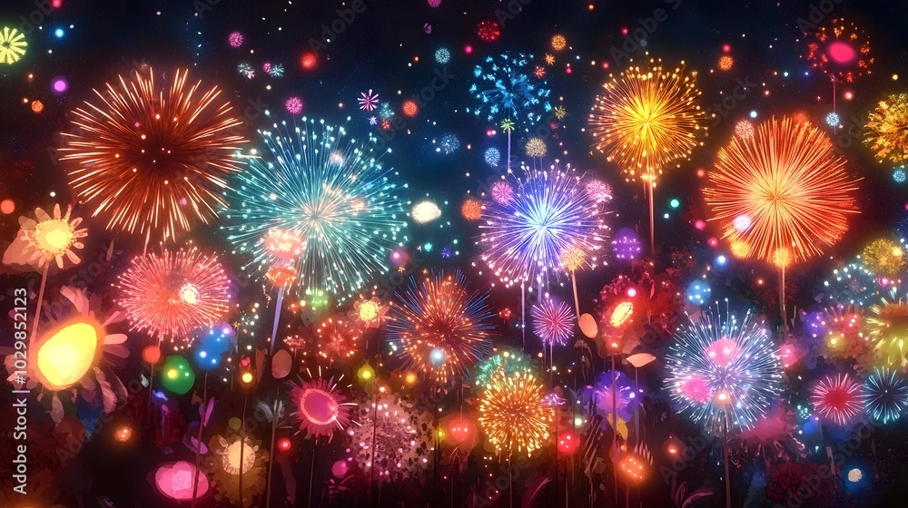 Fototapeta premium Fireworks new years celebration 2025, abstract transparent background, holiday festive season party city event. Warm yellow gold colourful star fire display illuminate night sky. 3d modern digital art