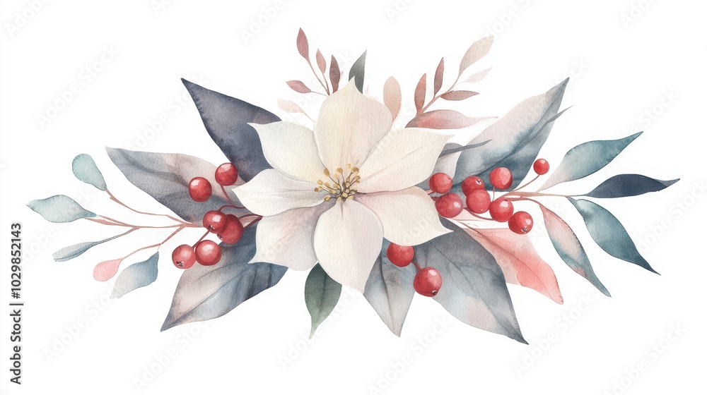 Obraz premium A white flower with red berries and green leaves. The flower is the main focus of the image, and the berries and leaves are secondary elements that add texture and depth to the scene