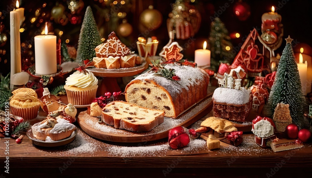 Naklejka premium A Vibrant Display of Traditional Christmas Treats: Yule Logs, Stollen, and Decorated Sweets Beautifully Arranged Against a Cozy Holiday Background with Flickering Candlelight