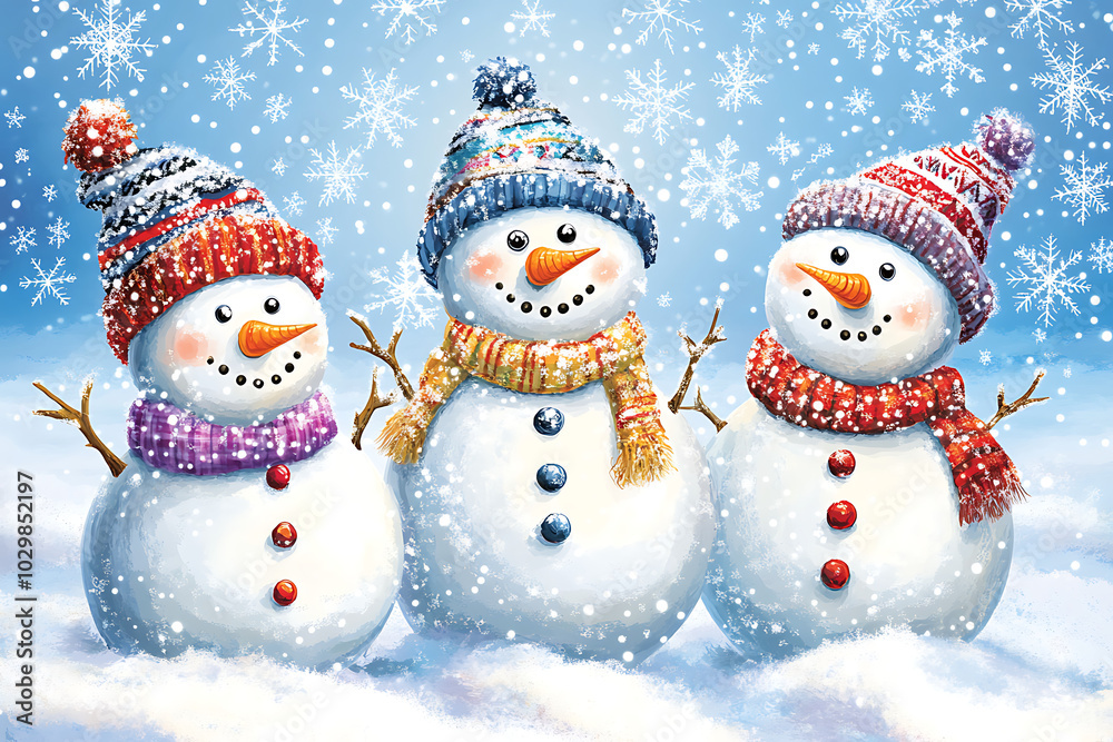 Three cheerful snowmen wearing colorful hats and scarves in a snowy landscape. Three cheerful snowmen wearing colorful hats and scarves in a snowy landscape.