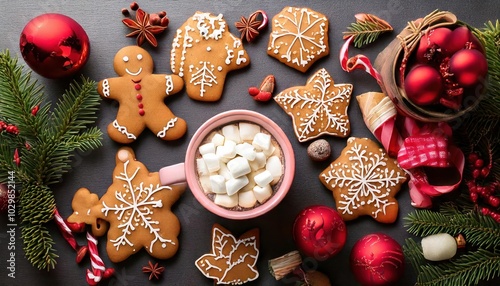 Delightful Christmas Treats: A Festive Arrangement of Gingerbread Cookies, Hot Cocoa, and Cheerful Ornaments Capturing the Warmth of the Holiday Spirit in a Beautiful Display! photo