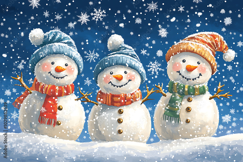 Three cheerful snowmen wearing hats and scarves in a snowy landscape with falling snowflakes. Three cheerful snowmen wearing hats and scarves in a snowy landscape with falling snowflakes.