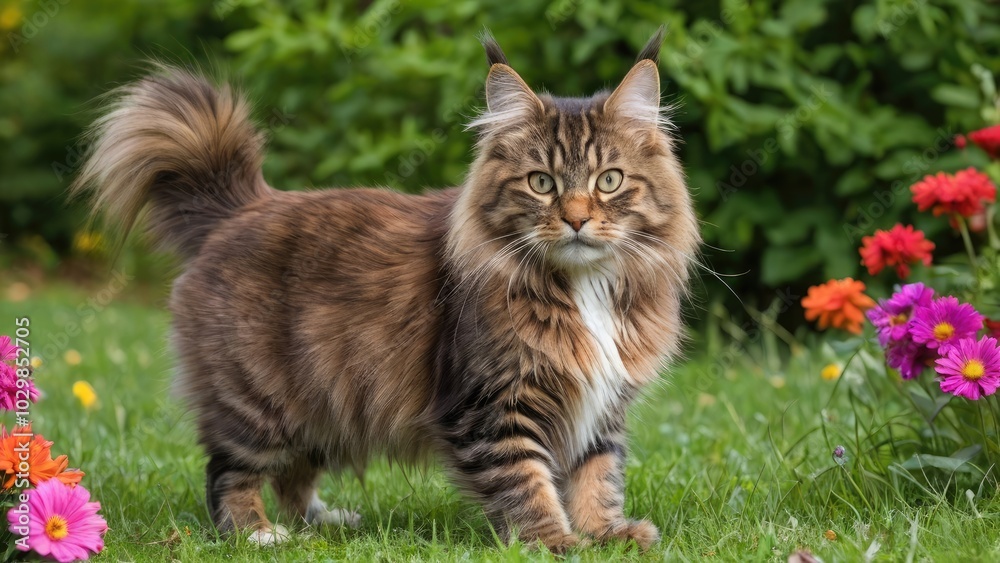 Brown maine coon cat in flower field Brown maine coon cat in flower field