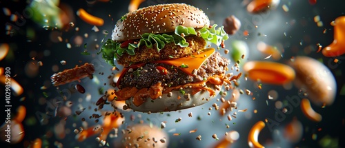 Burger floating in a futuristic zero-gravity kitchen, each ingredient suspended mid-air in a sci-fi space station setting photo