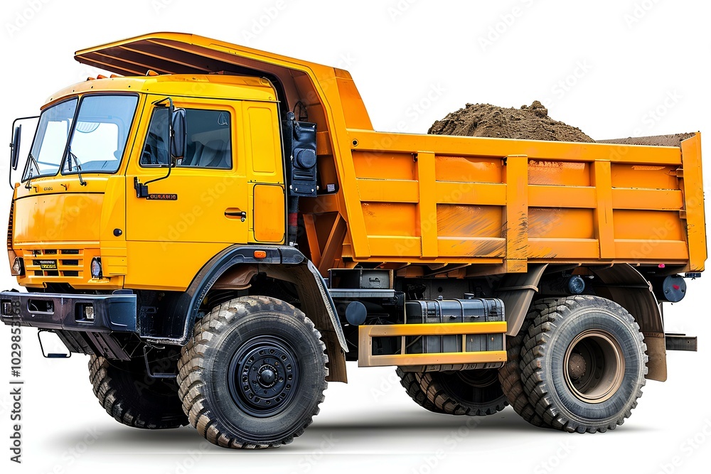 A yellow dump truck parked next to a pile of dirt A yellow dump truck parked next to a pile of dirt