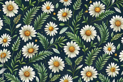 seamless floral pattern of daisies and leaves on dark background