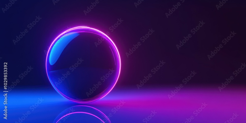 A neon-lit geometric sphere hovering above a neon blue to purple gradient backdrop, Copy space, futuristic graphics, abstract product promo A neon-lit geometric sphere hovering above a neon blue to purple gradient backdrop, Copy space, futuristic graphics, abstract product promo