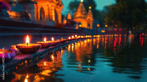 A line of diyas glowing brightly on the edge of a temple pond, with colorful lights reflecting on the water and the temple in the background. Copy space, Indian traditional festival happy Diwali photo