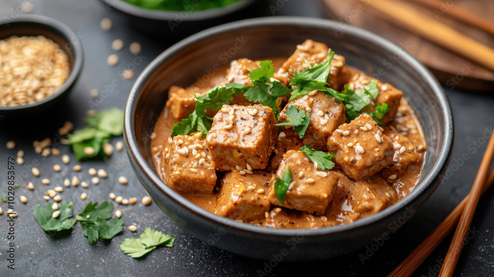 Delicious vegan seitan cubes in rich, spicy sauce, garnished with fresh cilantro and sesame seeds, served in dark bowl. Perfect for flavorful meal! Delicious vegan seitan cubes in rich, spicy sauce, garnished with fresh cilantro and sesame seeds, served in dark bowl. Perfect for flavorful meal!
