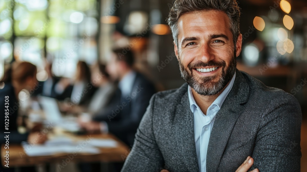 A confident businessman with a friendly smile in focus, standing in a modern office with blurred colleagues in the background, creating a professional atmosphere. A confident businessman with a friendly smile in focus, standing in a modern office with blurred colleagues in the background, creating a professional atmosphere.