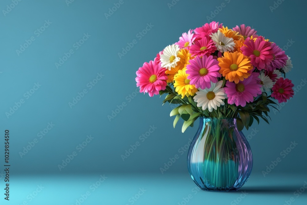 vase with flowers and glass with leaf on blue vase with flowers and glass with leaf on blue