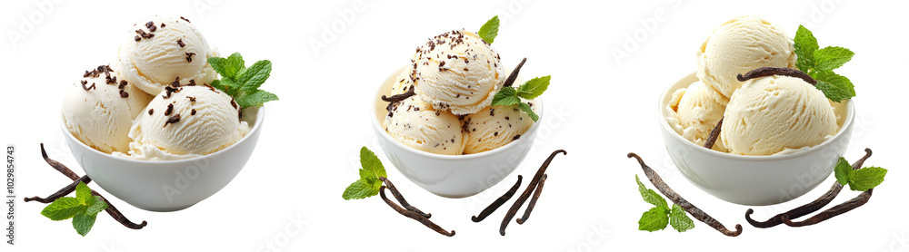 Vanilla ice cream scoops with mint leaves isolated on transparent PNG, ideal for dessert menus and summer treat promotions Vanilla ice cream scoops with mint leaves isolated on transparent PNG, ideal for dessert menus and summer treat promotions
