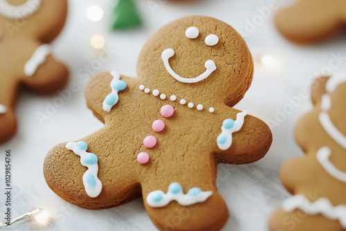 Festive Gingerbread Cookie with Icing on a Holiday Table