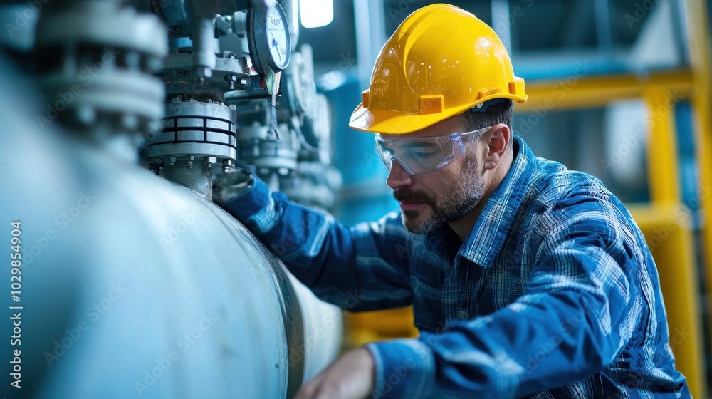 An engineer inspecting equipment at a water treatment plant. An engineer inspecting equipment at a water treatment plant.