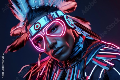 Cyberpunk Native American dancer, with neon-lit regalia