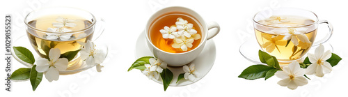 Jasmine tea in glass cup with flowers isolated on transparent PNG, perfect for wellness projects and natural beverage ads photo