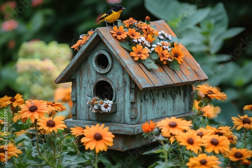 A small wooden birdhouse with a bird perched on top, surrounded by orange flowers.