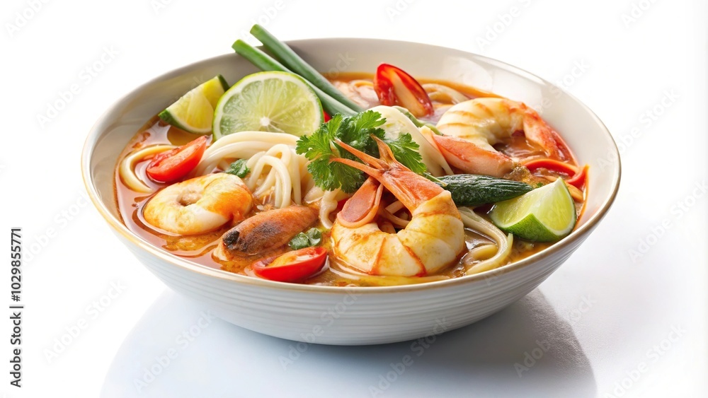 Tilted angle of seafood Tom Yum noodles on white background Tilted angle of seafood Tom Yum noodles on white background