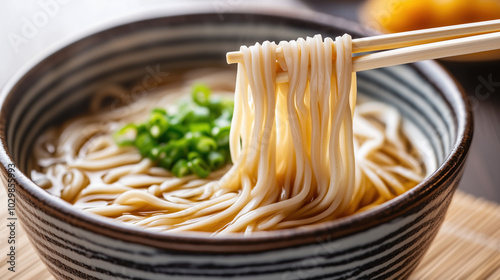 Close-Up of Glimmering Toshikoshi Soba Noodles Lifted with Chopsticks in Light Broth, Celebrating Japanese New Year Traditions and Symbolism of Longevity photo