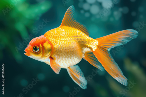 Golden Fish in Aqua: A vibrant goldfish, with scales shimmering in the sunlight, gracefully swims through a lush aquatic environment. Its fins are spread wide.