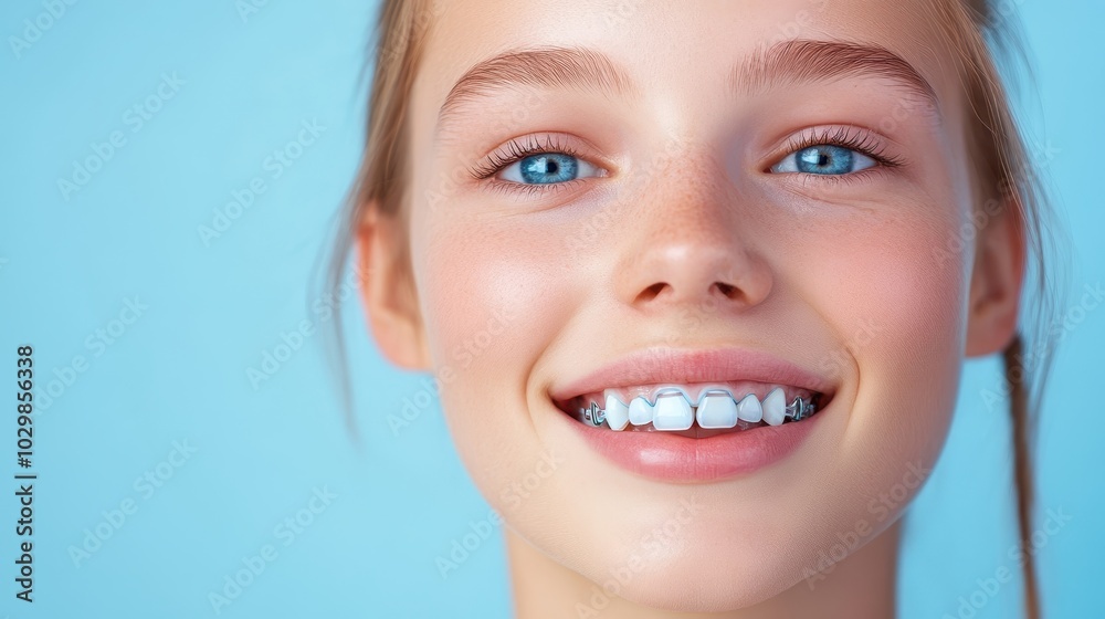 A young girl with braces on her teeth is smiling. Concept of happiness and positivity, as the girl's smile is bright and welcoming A young girl with braces on her teeth is smiling. Concept of happiness and positivity, as the girl's smile is bright and welcoming