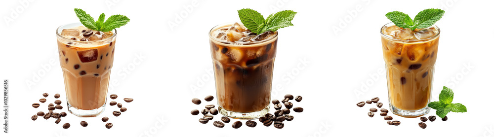 Iced coffee with mint in glass cup isolated on transparent PNG, great for cafe menus and coffee branding Iced coffee with mint in glass cup isolated on transparent PNG, great for cafe menus and coffee branding