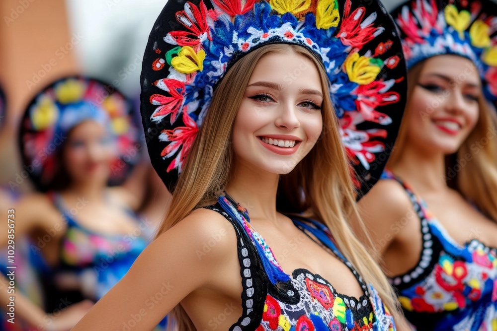 Fototapeta premium Folk dancers in traditional clothing performing on an outdoor stage at the Festival Hercules