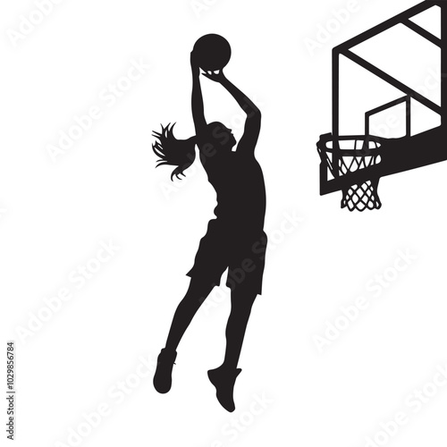 vector silhouette of a female basketball player slam dunk, scoring the ball to the net