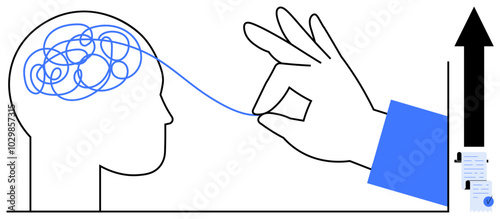 Hand untangles tangled line from a head, visualizing mental clarity and problem-solving. Ideal for mental health, productivity, brainstorming, creativity, and cognitive processes. Simple