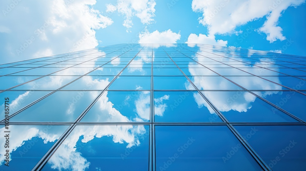 Fototapeta premium Glass Facade Reflecting Sky and Clouds