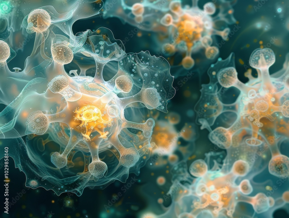Obraz premium Microscopic abstract illustration of biological structures with intricate patterns and glowing elements, resembling cells or viruses in a soft ethereal style